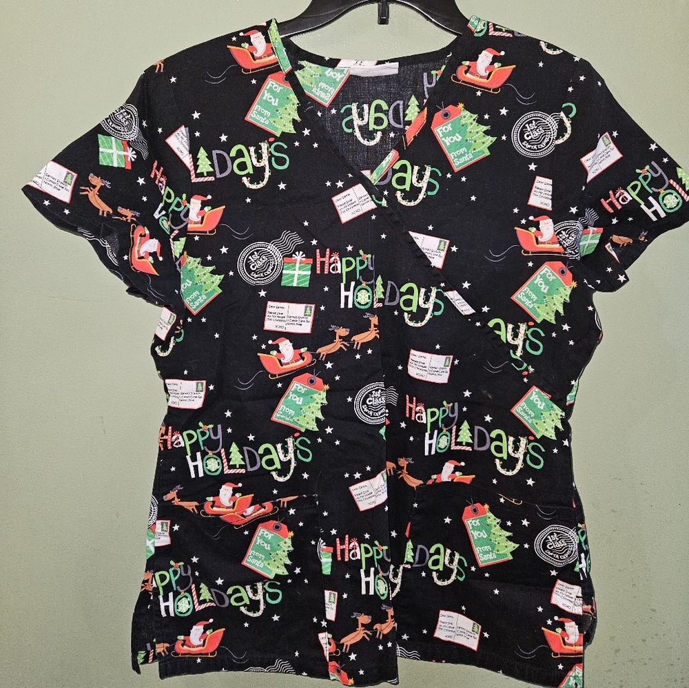 Christmas Holiday Scrubstar Scrub Top featuring Santa and his Reindeer
